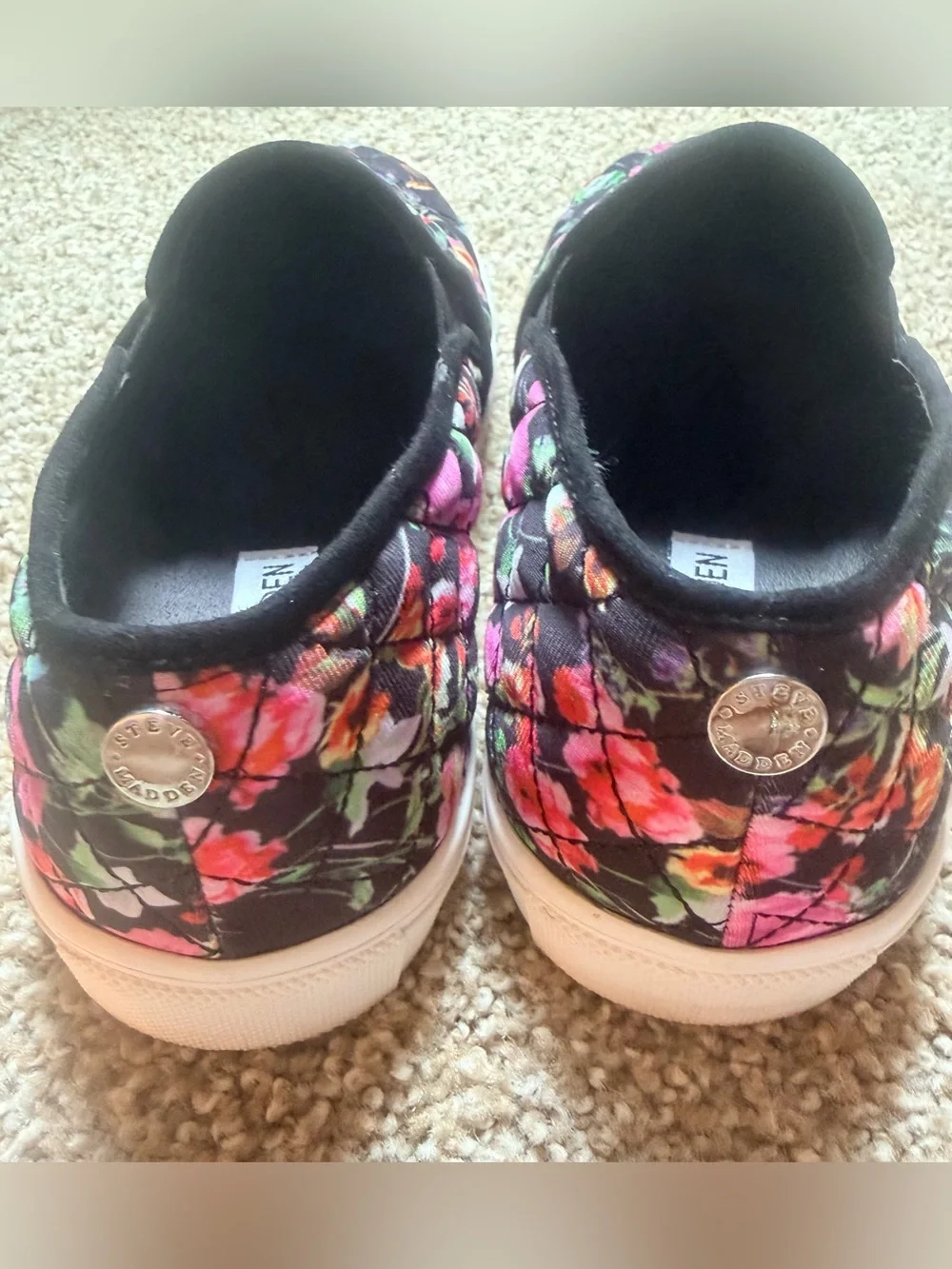 Steve Madden Black Quilted Slip-On Sneakers with Pink Floral Print